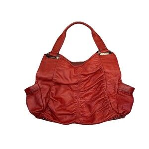 B. Makowsky Red Orange Pebbled Leather Satchel Bag Boho Shoulder Purse 3-Section